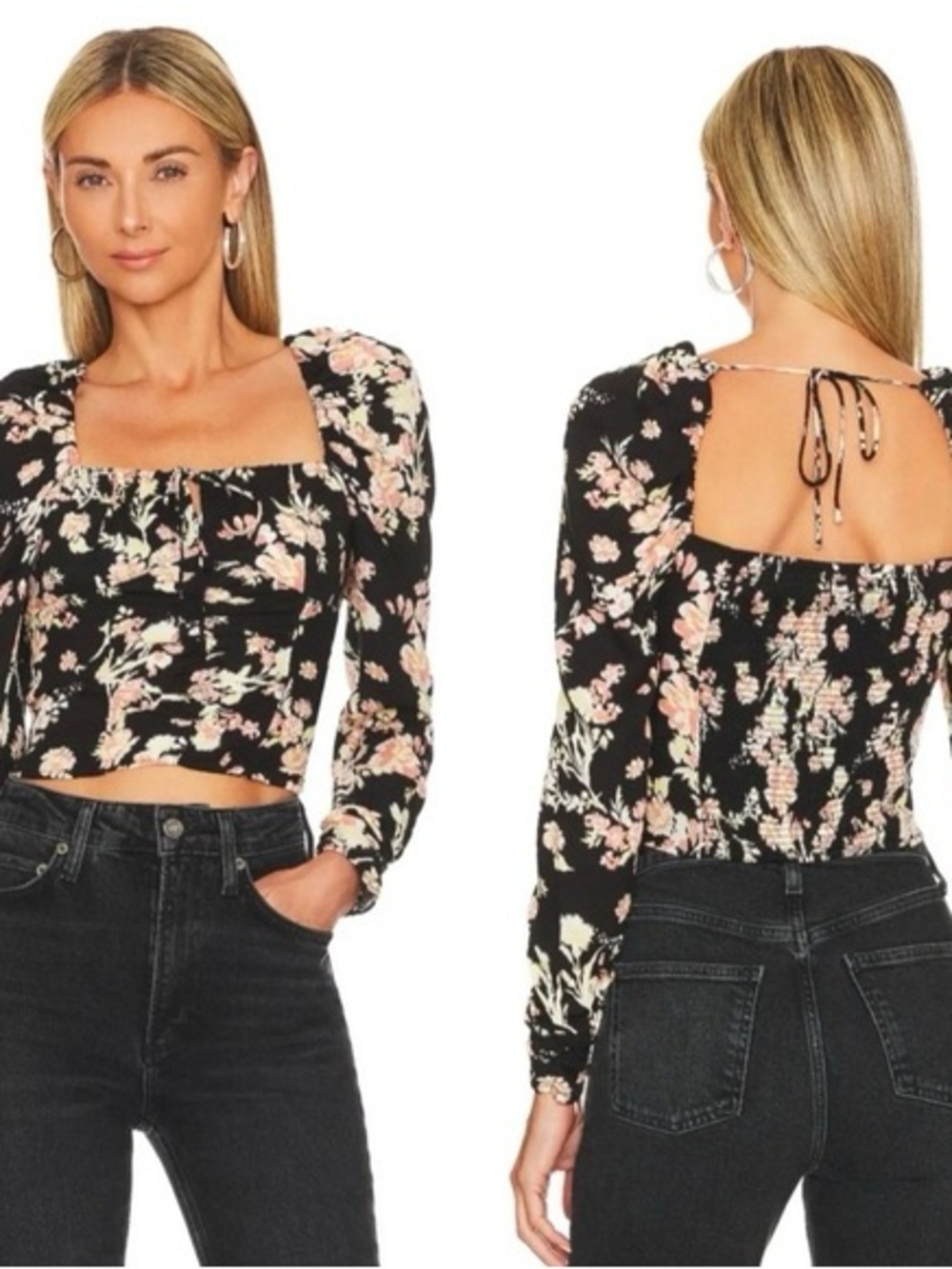 Free People Hilary Top Black Floral Long-Sleeve Tie-Back Top